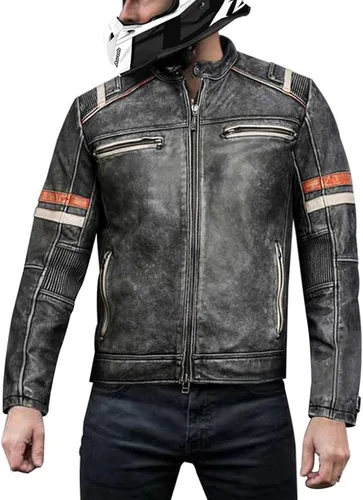 Vista 3 de Chaqueta de cuero negro para hombre - Vintage Biker Cafe Racer Real Lambskin Negro Chaquetas de motocicleta para hombre