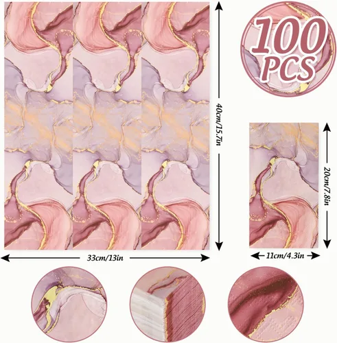 Vista 2 de AnyDesign Paquete de 100 servilletas desechables de mármol para invitados, servilletas de papel elegantes color rosa dorado marmoleado para cena
