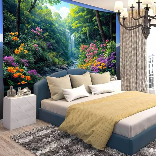 Vista 3 de Tapiz de cascada de bosque, flores de paisaje natural, tapices para colgar en la pared para hombres y niños, decoración de arte de pared, decoración