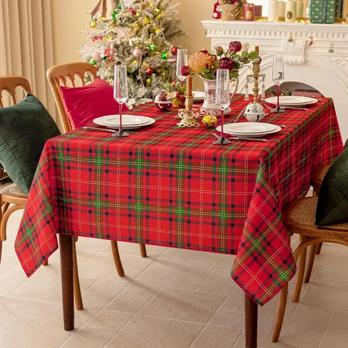 Vista 6 de Romanstile - Mantel rectangular rojo de cuadros navideño - 60 x 84 pulgadas - Funda de mesa a cuadros resistente a las manchas de agua, manteles