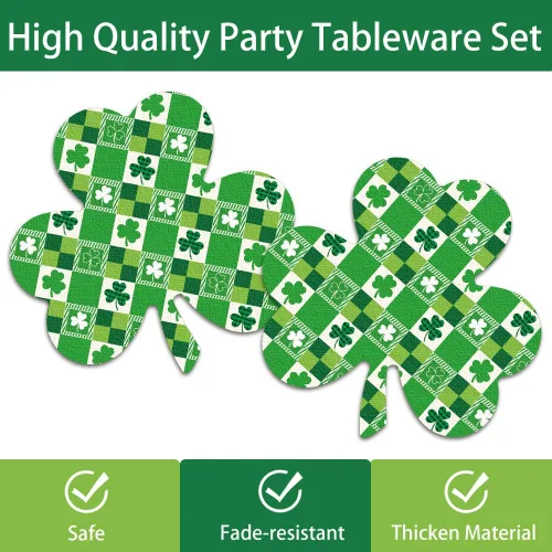 Vista 4 de 168 piezas de suministros para fiesta del día de San Patricio, platos de la suerte, servilletas, juego de vajilla de papel de trébol irlandés verde