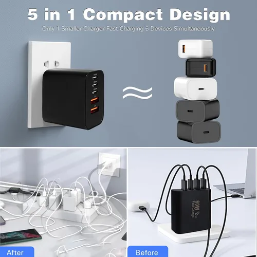 Vista 6 de Cargador USB C para iPhone 17 de 16,60 W, multipuerto tipo C, carga rápida, paquete de 2 cargadores de teléfono USB C de 5 puertos, cable de carga
