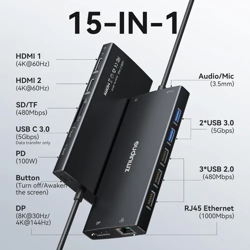 Vista 2 de Hub USB C Estación de acoplamiento USB C Monitor dual 4K@60Hz+DP 8K@30Hz para Dell HP, Estación de acoplamiento para portátil 3 monitores 15 en 1