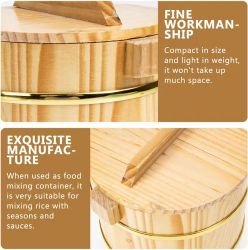Vista 6 de SHOWERORO Cubo de arroz de madera con tapa, 6.3 x 4.7 x 4.3 pulgadas, cuenco de arroz para sushi estilo japonés y bañera mezcladora Bibimbap plato
