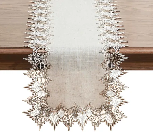 Vista 16 de Camino de mesa de lino de encaje rojo oscuro blanco de 36 pulgadas de largo, bufanda de aparador claret, decoración de mesa para Navidad, cocina