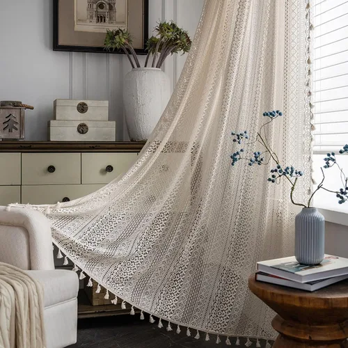 Vista 15 de Deeprove - Cortinas bohemias de 63 pulgadas de largo para dormitorio, rayas de lunares de punto hueco beige y patchwork de algodón y lino crema
