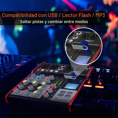 Vista 5 de Mezclador de sonido de audio de estudio Pyle - Consola de mezcla digital portátil profesional compatible con Bluetooth de 4 canales con interfaz USB