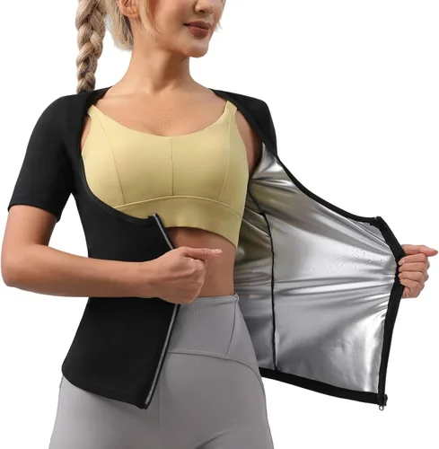 Vista 8 de Traje de sauna, chaqueta moldeadora de cuerpo de sudor caliente, entrenador de cintura, manga larga, con cremallera, camiseta de entrenamiento