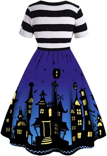 Vista 2 de ZEZCLO Vestido de Halloween para mujer, talla grande, divertido disfraz de calabaza a rayas, vestidos acampanados