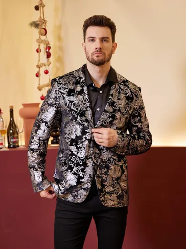 Vista 6 de WULFUL Chaqueta de traje floral para hombre, ajustado, elegante, para cena, fiesta, graduación, boda, esmoquin
