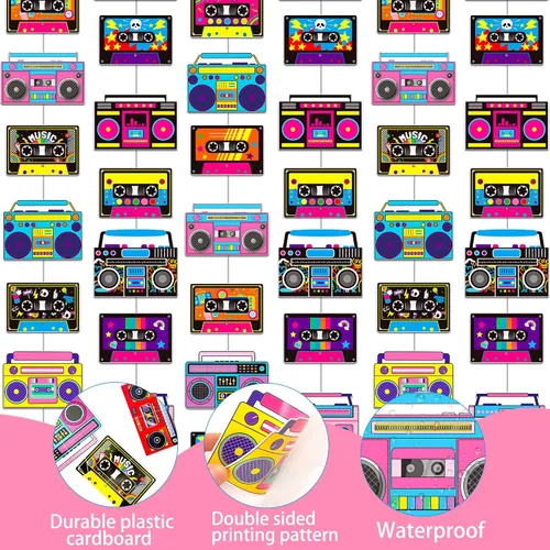 Vista 3 de Guirnalda de cinta de casete y caja de pluma, 6 unidades de decoraciones de fiesta de los años 80, cinta de casete de radio retro, guirnalda