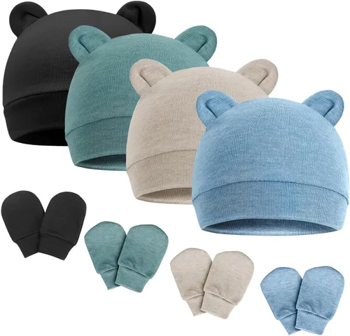 Vista 22 de DRESHOW Gorro de recién nacido con orejas de oso y manoplas, conjuntos de gorro de algodón para prematuros, gorro de bebé para niño y niña, gorro