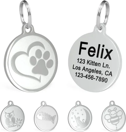 Vista 8 de Ultra Joys Etiquetas de nombre de gato grabadas personalizadas – Etiqueta de identificación de mascotas de acero inoxidable – Etiquetas