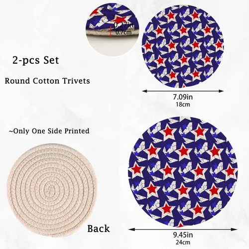 Vista 3 de Naanle Juego de salvamanteles de algodón moderno con diseño de estrellas y bandera de Estados Unidos para el 4 de julio, 2 posavasos redondos