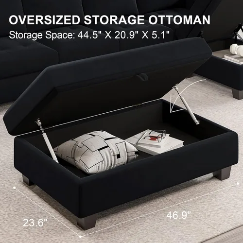 Vista 5 de Belffin Banco otomano rectangular de gran tamaño con almacenamiento, reposapiés tapizado de terciopelo para sala de estar y dormitorio (negro)