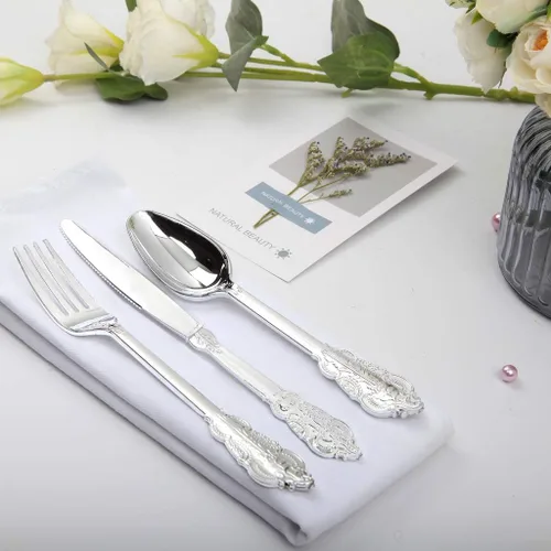 Vista 6 de WDF 360 piezas de cubiertos de plástico plateado- cubiertos desechables - 60 platos de plástico plateado