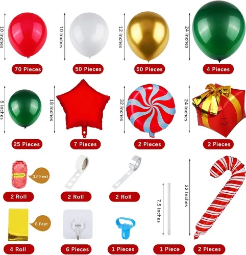 Vista 2 de RUODON Kit de arco de globos de Navidad, 233 piezas con dulces, bastón, látex, caja de regalo y globos de estrella para decoraciones de fiesta
