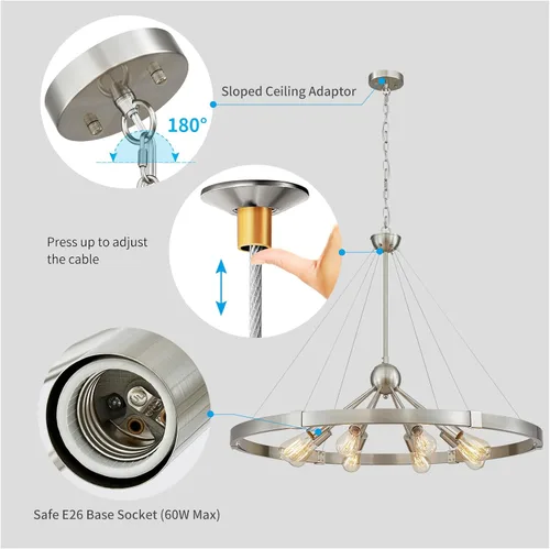 Vista 6 de XINGQI Lámpara de araña grande de 38 pulgadas con ruedas de carro, moderna lámpara colgante de níquel cepillado, 8 luces rústicas para comedor, sala