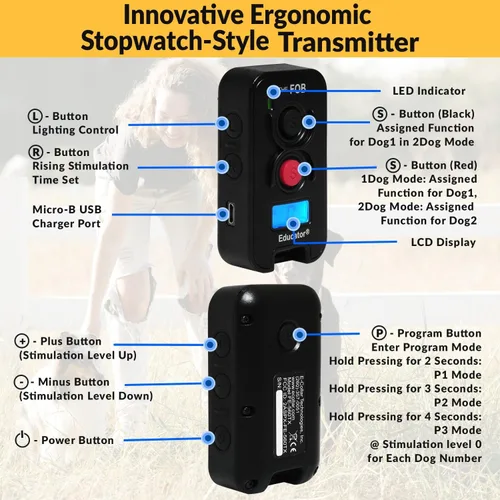 Vista 4 de Educator FOB FE-560 Collar de entrenamiento para perros con control remoto – Collar electrónico recargable impermeable de 300 yardas para perros más