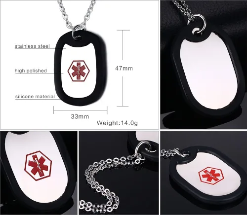 Vista 33 de VNOX Collar con colgante personalizado de acero inoxidable con grabado personalizado para identificación de alerta médica de emergencia para hombres