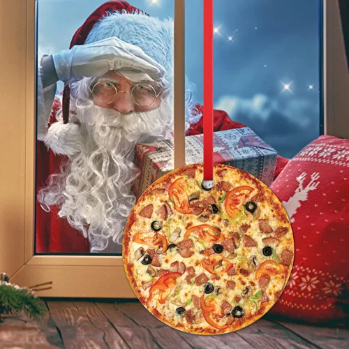 Vista 9 de Decoración de árbol de Navidad de pizza crujiente mixta adorno de Navidad Tomates Salami y Aceitunas Pizza Colgante Adorno de Navidad Adorno