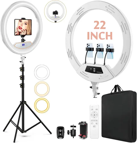 Vista 9 de Anillo de luz de 22 pulgadas con soporte, trípode de luz de anillo para iPhone iPad, con trípode de 75 pulgadas, pantalla LCD, 4 clips para iPad, 2