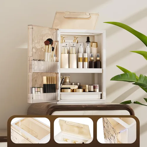 Vista 2 de Organizador de maquillaje con cajones, organizador de cuidado de la piel para tocador, vitrina grande de cosméticos con asa, organizadores