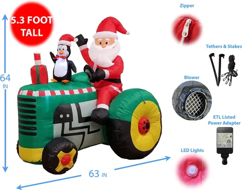 Vista 2 de Decoración inflable para jardín de Papá Noel en tractor con pingüino, 5.3 pies de altura
