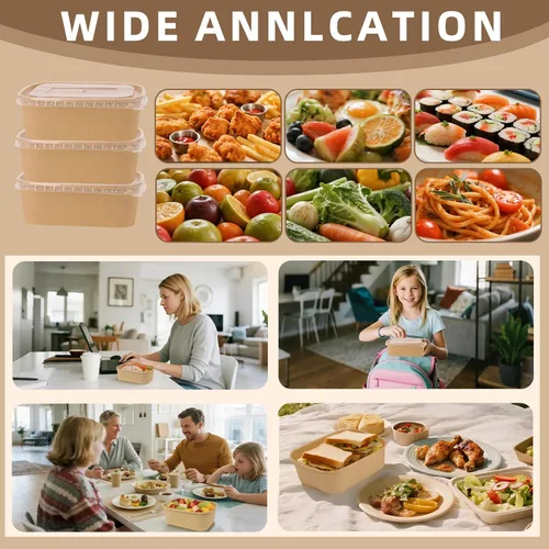 Vista 7 de Paquete de 50 recipientes de comida de papel de 19 onzas con tapas, recipientes de preparación de comidas, cuencos de papel grandes desechables