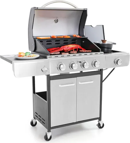 Vista 8 de Captiva Designs Parrilla de barbacoa de gas propano de 4 quemadores con quemador lateral y rejillas de hierro fundido esmaltado de porcelana, salida