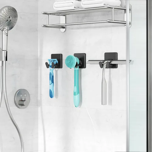 Vista 6 de Ganchos Adhesivos para Ducha para Interior - Extra Pegajosos de Acero Inoxidable, Soporte para Maquinilla de Afeitar, Accesorios de Ducha, Ganchos