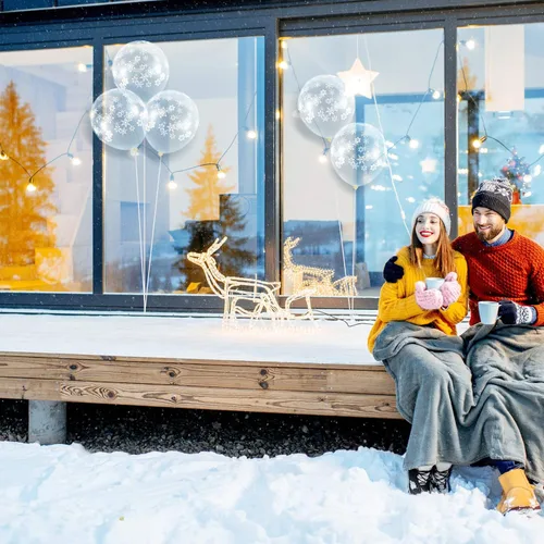 Vista 6 de Skylety 40 globos transparentes de copo de nieve a granel, globos de látex transparentes de copo de nieve para Año Nuevo, fiestas de cumpleaños