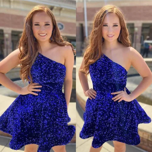 Vista 4 de Hjindpr Vestidos de lentejuelas de un hombro para adolescentes, vestido corto de graduación 2024, vestido formal acampanado brillante con bolsillos