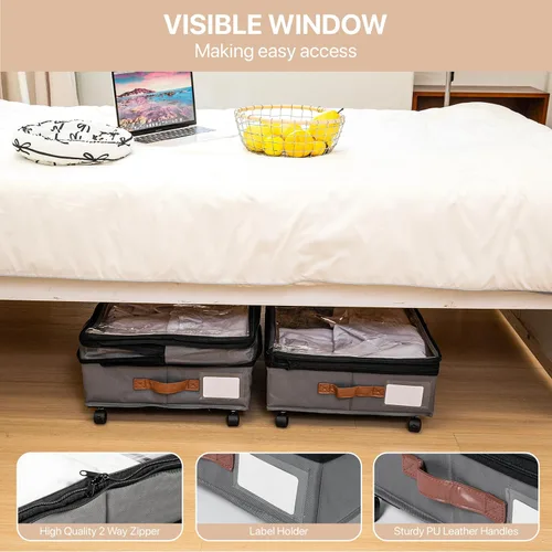 Vista 4 de Almacenamiento expandible debajo de la cama con ruedas, paquete de 2 – Almacenamiento grande debajo de la cama y armario – Contenedores