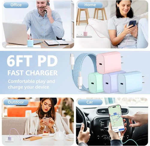 Vista 7 de Cargador de teléfono de carga rápida, paquete de 4 bloques de cargador de pared USB C de 20 W con cable Cable de carga tipo C de 6 pies compatible