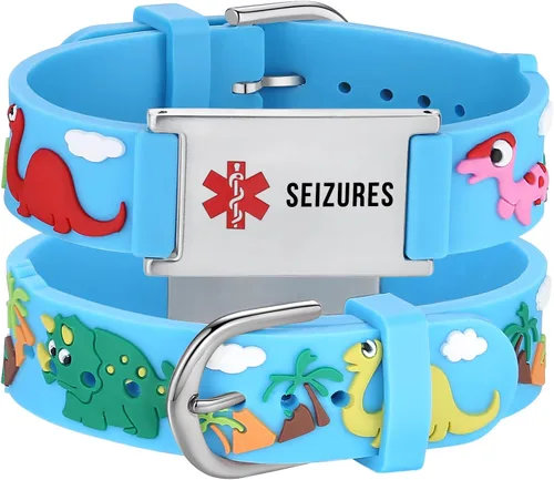 Vista 12 de LinnaLove Medical Alert ID Bracelet – Custom or Pre-Engraved, QR Code Available,Blue Dinosaur Band