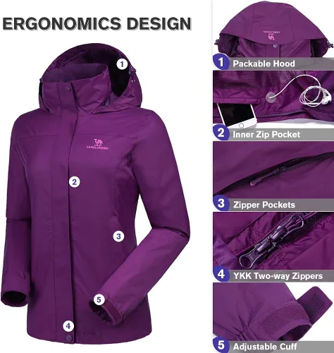 Vista 3 de CAMEL CROWN Chaqueta impermeable ligera para mujer, rompevientos con capucha para exteriores, senderismo, escalada, viajes, Camel