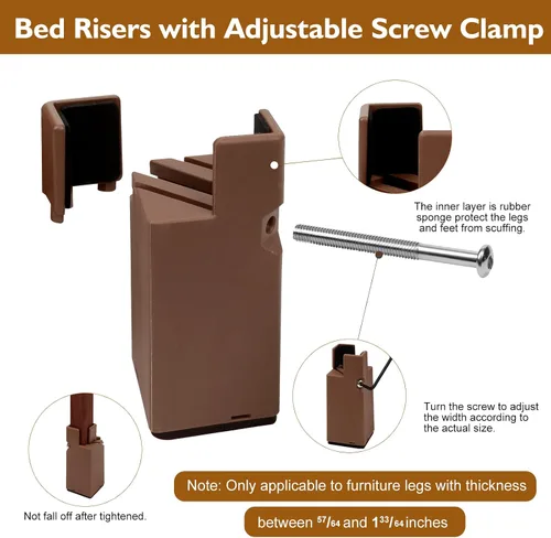 Vista 3 de Elevadores de cama de 4 pulgadas con abrazadera de tornillo ajustable, paquete de 4 elevadores de muebles resistentes, soporta hasta 5,000 libras