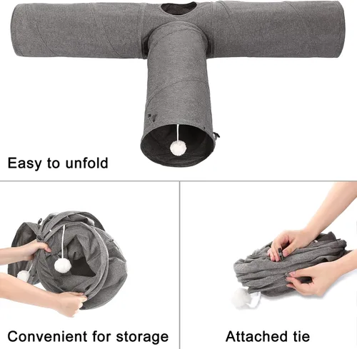 Vista 5 de Ownpets Túnel para gatos, túnel plegable de 3 vías, tubo para gatos de 47 pulgadas de largo con bola de felpa y juguete de plumas, túnel de juego