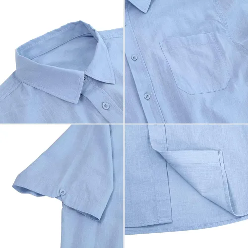 Vista 5 de Camisas casuales de verano de lino con botones para hombre manga corta camisetas de playa de algodón con bolsillo