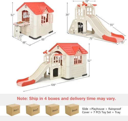 Vista 6 de Costzon Juego de casa de juegos y tobogán para niños, casa de juegos 7 en 1 al aire libre con puertas y ventanas de trabajo, mesa de picnic, juego