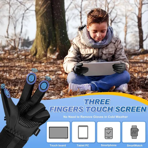 Vista 5 de Sukeen Guantes cálidos de invierno para niños y niñas, resistentes al viento, guantes de poliuretano para clima frío de 4 a 14 años, guantes