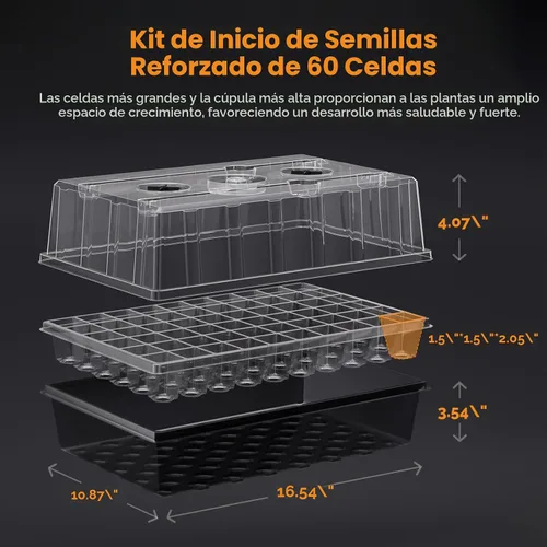 Vista 4 de Patigrow Bandeja de inicio de semillas de riego automático de 60 celdas con luz de crecimiento, kit de inicio de semillas con cúpula de humedad