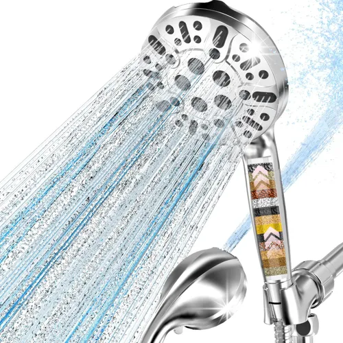 Vista 6 de Cabezal de ducha filtrado con portátil, cabezal de filtro de ducha de alta presión con 9 ajustes para agua dura, rociador eléctrico integrado, Negro
