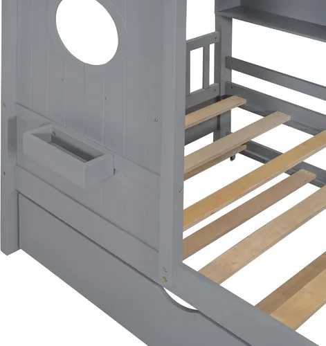 Vista 8 de Cama moderna de tamaño individual con nido, marco de cama de madera resistente con armazón de almacenamiento, techo y ventana para niños, niñas