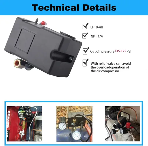 Vista 3 de Interruptor de presión resistente para compresor de aire 135-175 psi cuatro 4 puertos 26 amperios