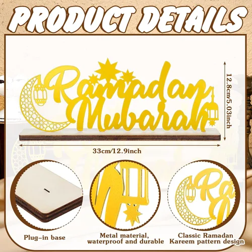 Vista 3 de Landhoow Letrero de Eid Mubarak para decoración de mesa de Ramadán de 12.99 x 4.72 pulgadas, letrero de Ramadán Kareem, decoración de letras