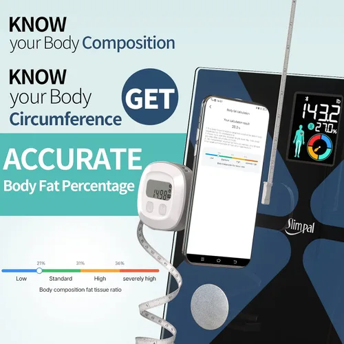 Vista 2 de Slimpal Cinta de medición de grasa corporal y báscula inteligente para peso corporal y grasa con aplicación, báscula digital de baño para pérdida