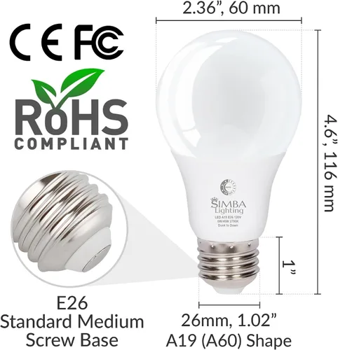Vista 2 de Simba Lighting LED A19 Dusk to Dawn 6W 120V Outdoor Bulbs E26 2700K, 2 Pack With Photocell Sensor Smart Auto On and Off, 40W Replacement for