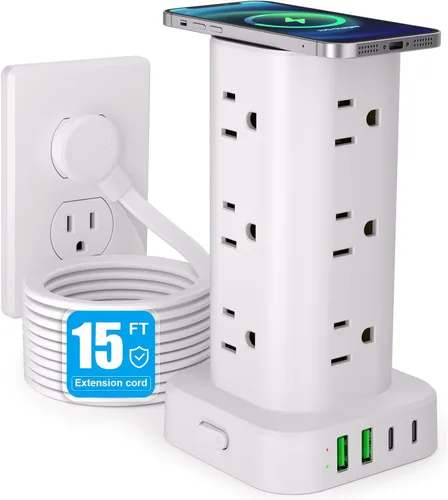 Vista 14 de Regleta de alimentación con cargador inalámbrico, protector de sobretensiones de enchufe plano con cable de extensión de 6 pies, 12 tomas
